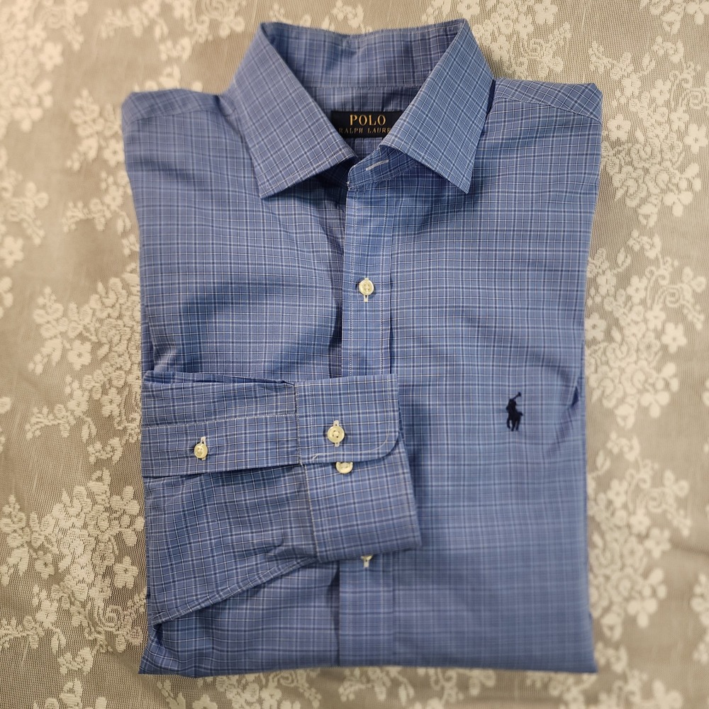 Polo Ralph Lauren Mens 16.5 34/35 Blue Plaid Dress Shirt Long Sleeve